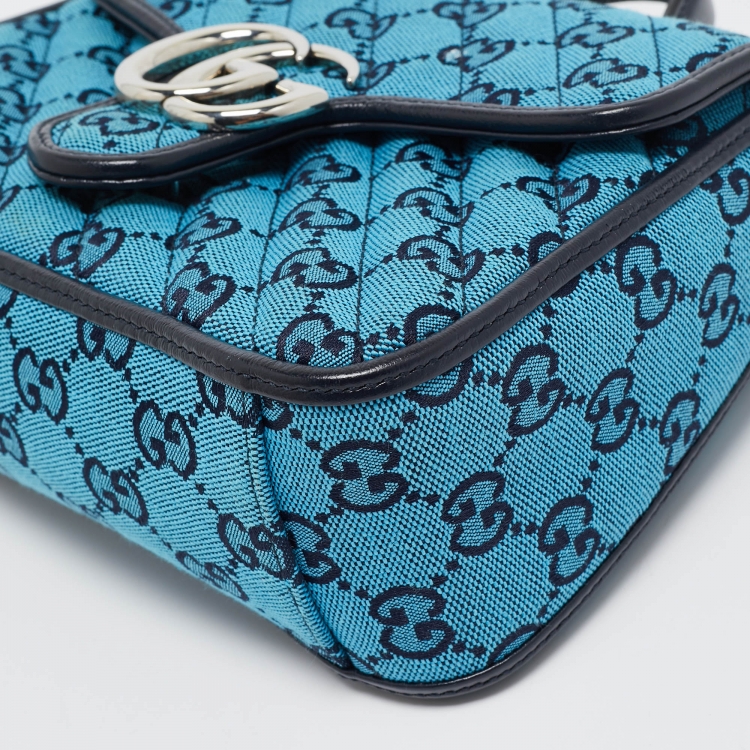 Pre Owned Gucci Blue Diagonal Quilt GG Canvas Leather Mini GG Marmont Bag