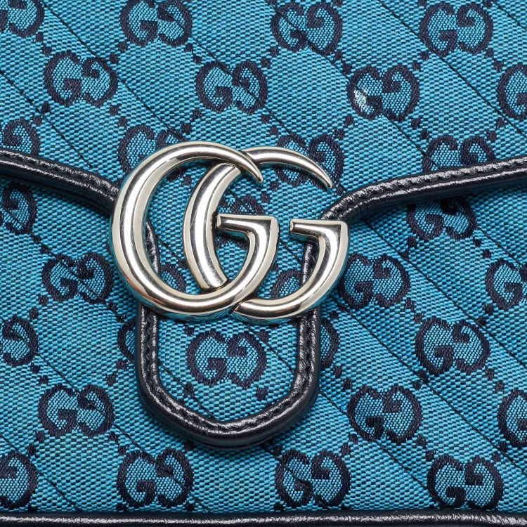Pre Owned Gucci Blue Diagonal Quilt GG Canvas Leather Mini GG Marmont Bag