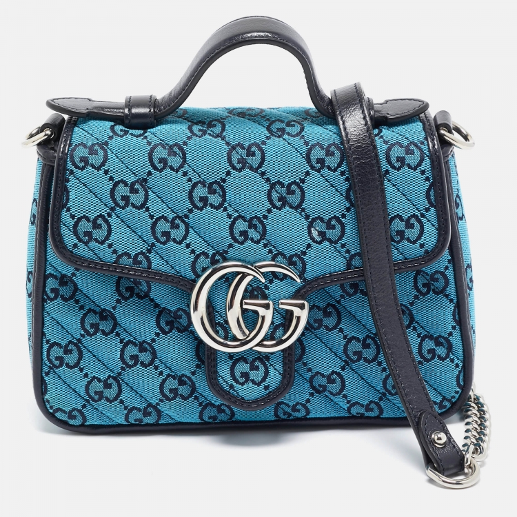 Pre Owned Gucci Blue Diagonal Quilt GG Canvas Leather Mini GG Marmont Bag
