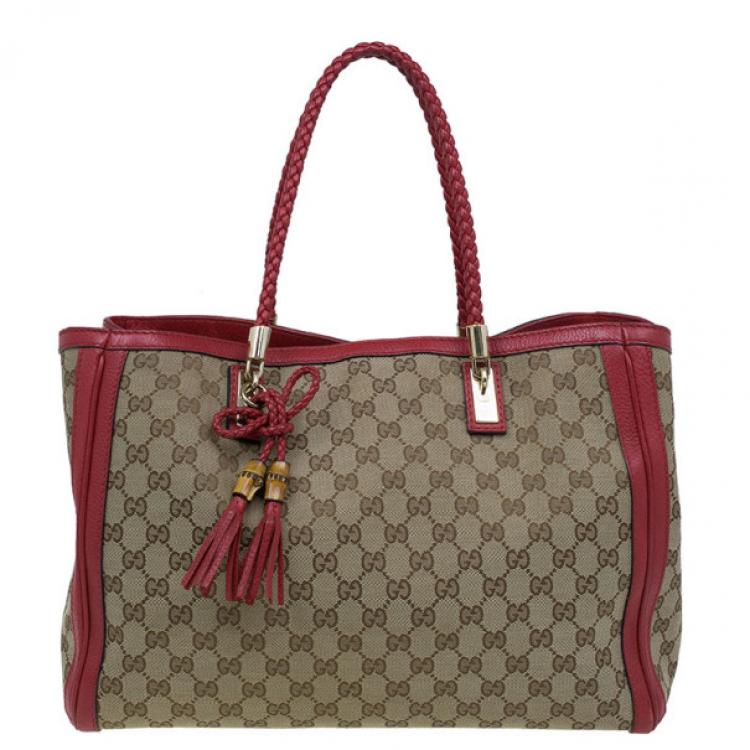 GUCCI Canvas Jacquard Calfskin 100 Centennial Music Small Tote Bag Ivory  Red 1234717