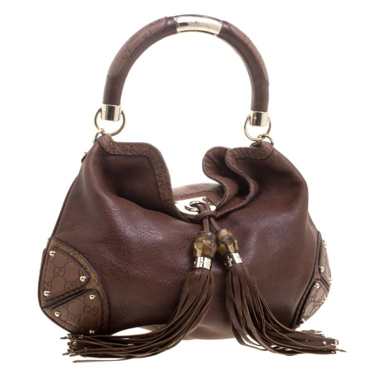 Pre Owned Gucci Brown Leather Medium Babouska Indy Top Handle Bag