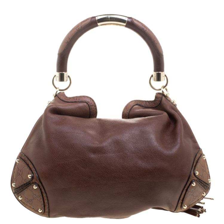 Pre Owned Gucci Brown Leather Medium Babouska Indy Top Handle Bag