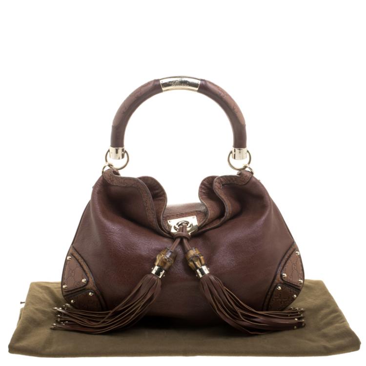 Pre Owned Gucci Brown Leather Medium Babouska Indy Top Handle Bag