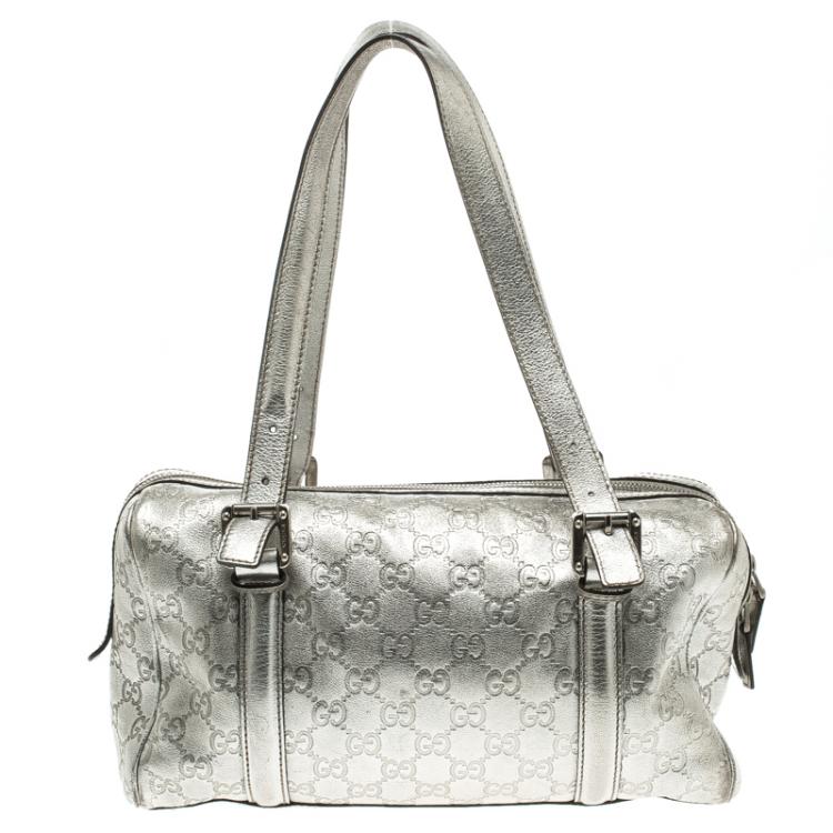 Pre Owned Gucci Silver Guccissima Leather Britt Boston Bag
