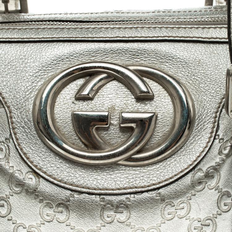 Pre Owned Gucci Silver Guccissima Leather Britt Boston Bag