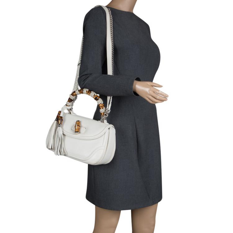 Pre Owned Gucci White Leather Tassel New Bamboo Top Handle Bag