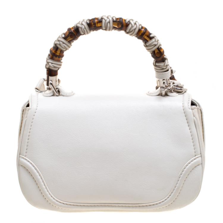 Pre Owned Gucci White Leather Tassel New Bamboo Top Handle Bag