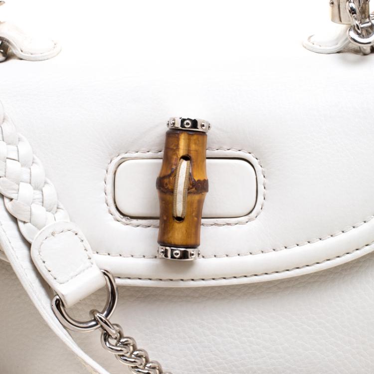 Pre Owned Gucci White Leather Tassel New Bamboo Top Handle Bag