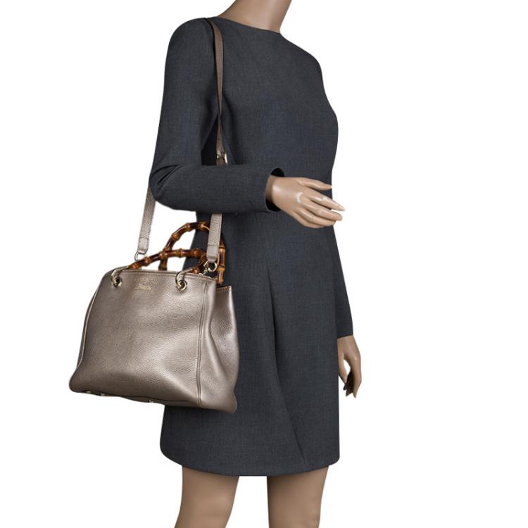Pre Owned Gucci Metallic Beige Leather Bamboo Top Handle Shopper Tote