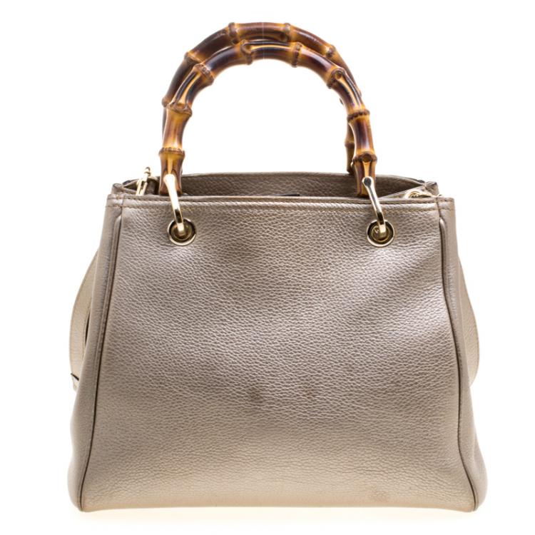 Pre Owned Gucci Metallic Beige Leather Bamboo Top Handle Shopper Tote