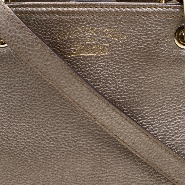 Pre Owned Gucci Metallic Beige Leather Bamboo Top Handle Shopper Tote