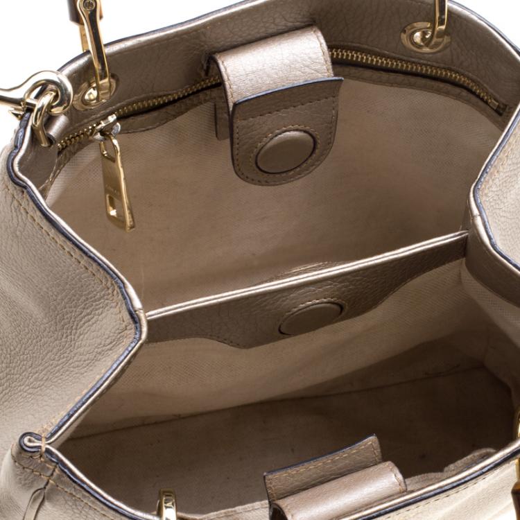 Pre Owned Gucci Metallic Beige Leather Bamboo Top Handle Shopper Tote
