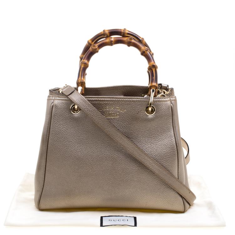 Pre Owned Gucci Metallic Beige Leather Bamboo Top Handle Shopper Tote