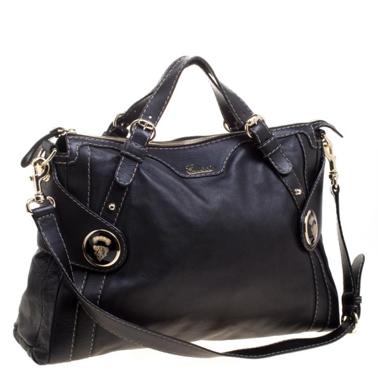 مملوكة مسبقًا Gucci Black Leather Crest Boule Top Handle Bag
