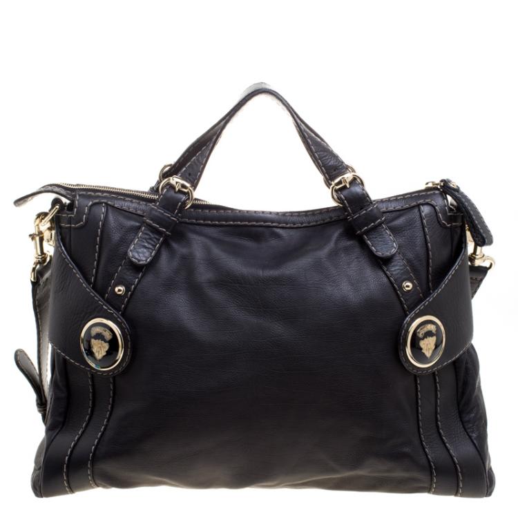 مملوكة مسبقًا Gucci Black Leather Crest Boule Top Handle Bag
