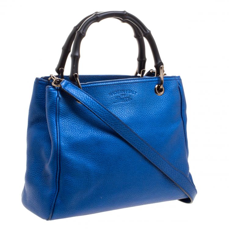 Pre Owned Gucci Metallic Blue Leather Small Bamboo Top Handle Shopper Tote
