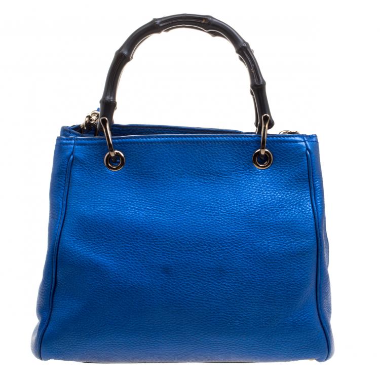 Pre Owned Gucci Metallic Blue Leather Small Bamboo Top Handle Shopper Tote