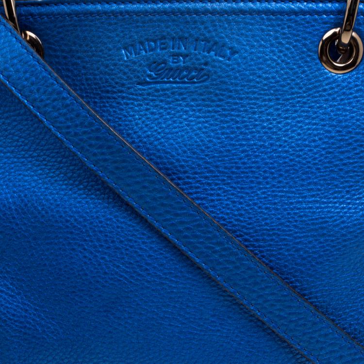 Pre Owned Gucci Metallic Blue Leather Small Bamboo Top Handle Shopper Tote