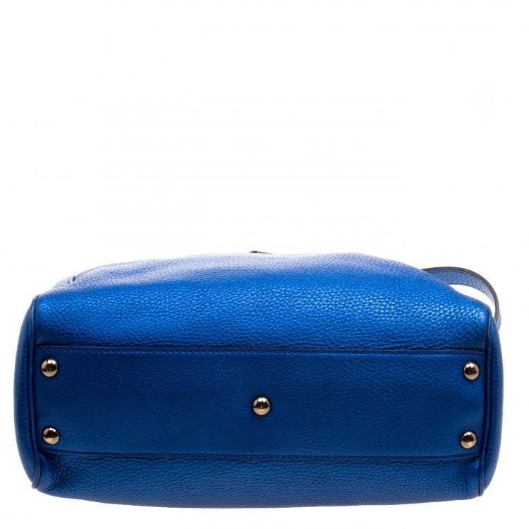 Pre Owned Gucci Metallic Blue Leather Small Bamboo Top Handle Shopper Tote