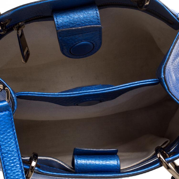 Pre Owned Gucci Metallic Blue Leather Small Bamboo Top Handle Shopper Tote