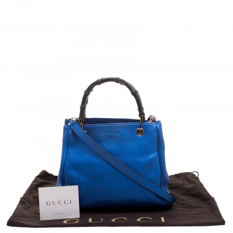 Pre Owned Gucci Metallic Blue Leather Small Bamboo Top Handle Shopper Tote