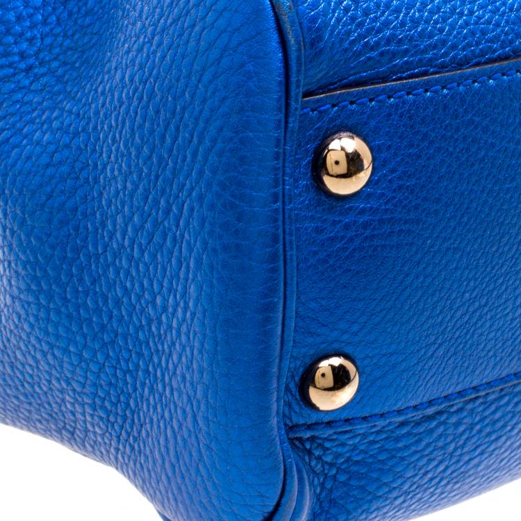 Pre Owned Gucci Metallic Blue Leather Small Bamboo Top Handle Shopper Tote