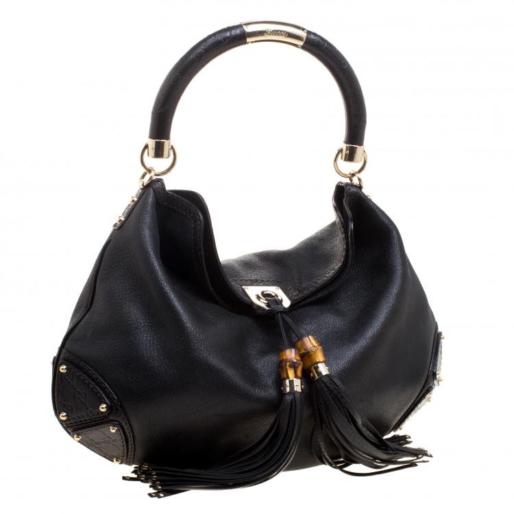 Pre Owned Gucci Black Leather Large Indy Top Handle Bag