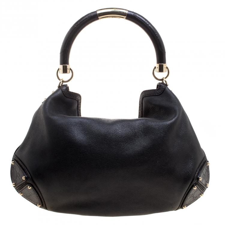 Pre Owned Gucci Black Leather Large Indy Top Handle Bag