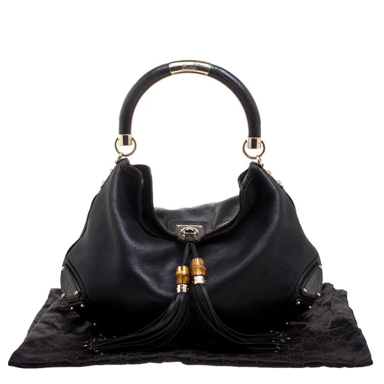 Pre Owned Gucci Black Leather Large Indy Top Handle Bag