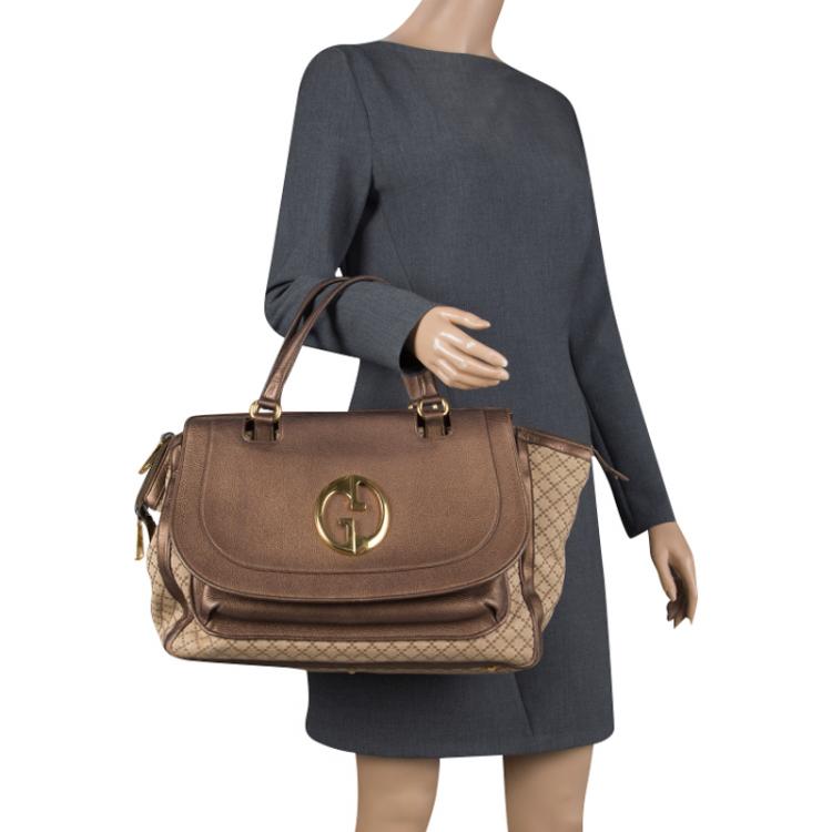 Pre Owned Gucci Beige/Metallic Dark Beige Canvas and Leather  Medium 1973 Top Handle Bag