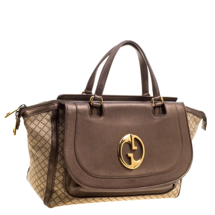 Pre Owned Gucci Beige/Metallic Dark Beige Canvas and Leather  Medium 1973 Top Handle Bag