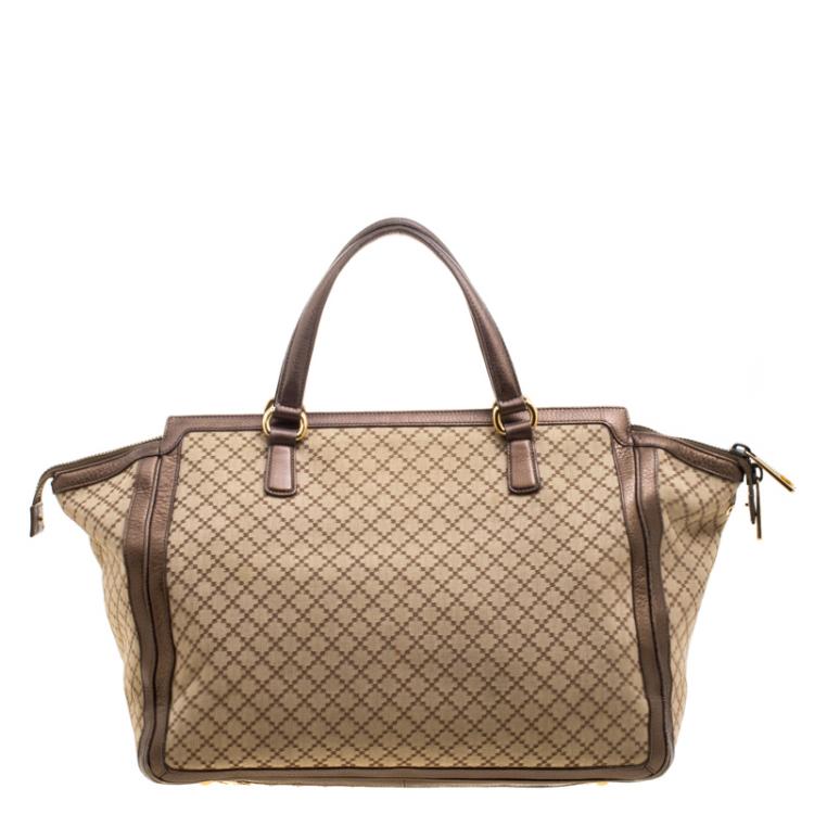Pre Owned Gucci Beige/Metallic Dark Beige Canvas and Leather  Medium 1973 Top Handle Bag