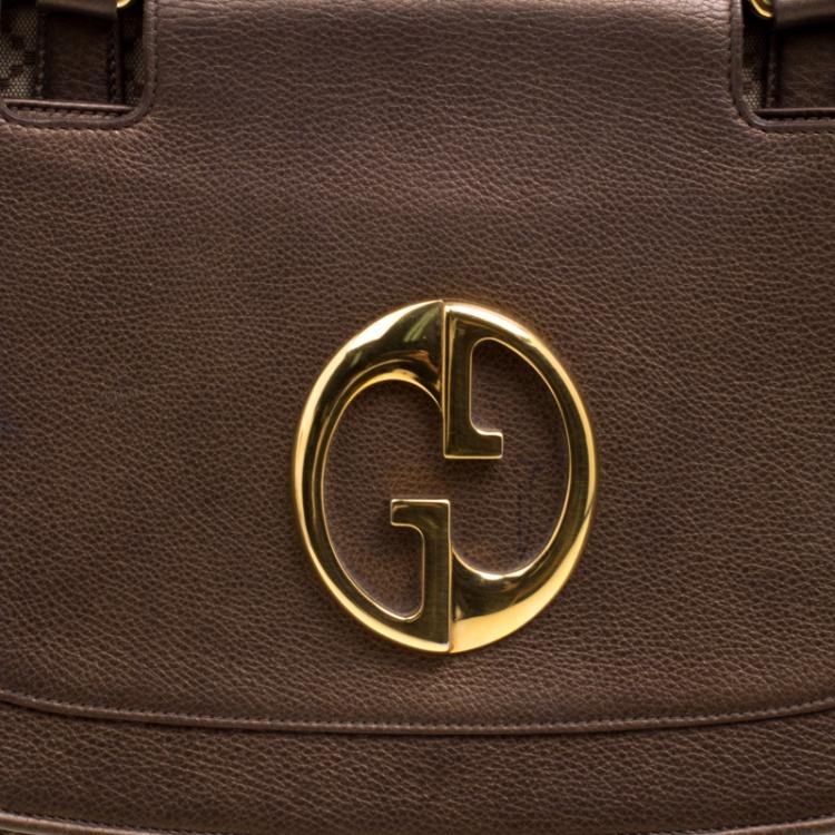 Pre Owned Gucci Beige/Metallic Dark Beige Canvas and Leather  Medium 1973 Top Handle Bag