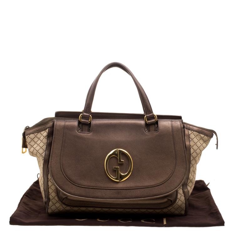 Pre Owned Gucci Beige/Metallic Dark Beige Canvas and Leather  Medium 1973 Top Handle Bag