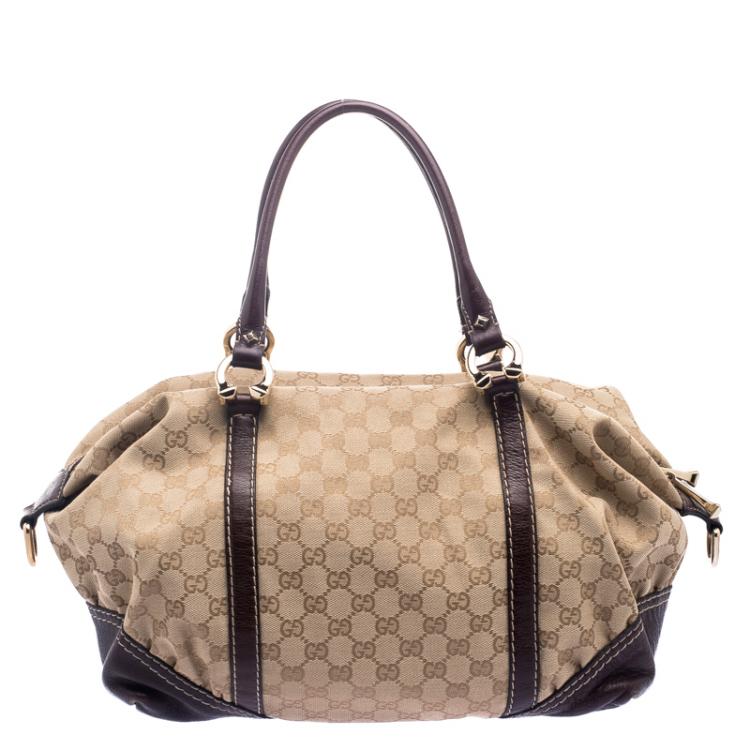 Pre Owned Gucci Beige/Burgundy GG Canvas and Leather Top Handle Bag