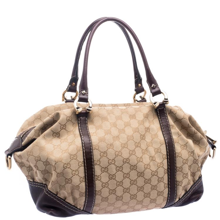 Pre Owned Gucci Beige/Burgundy GG Canvas and Leather Top Handle Bag