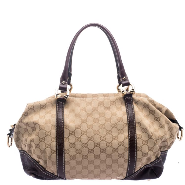 Pre Owned Gucci Beige/Burgundy GG Canvas and Leather Top Handle Bag