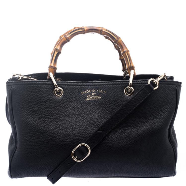 Pre Owned Gucci Black Leather Bamboo Top Handle Shopper Tote