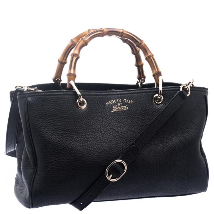 Pre Owned Gucci Black Leather Bamboo Top Handle Shopper Tote