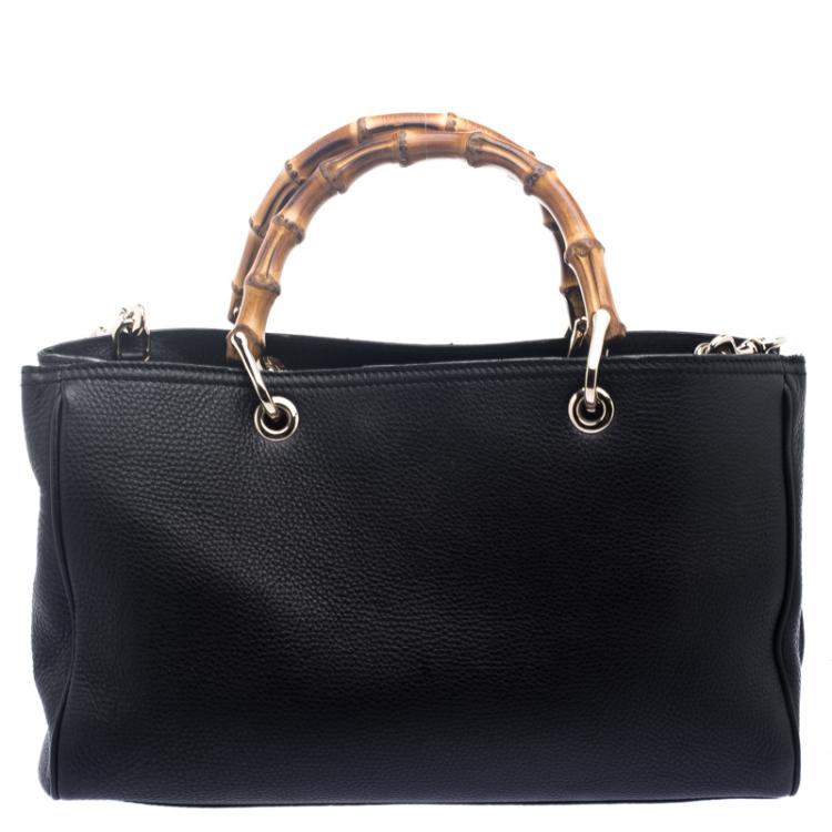 Pre Owned Gucci Black Leather Bamboo Top Handle Shopper Tote