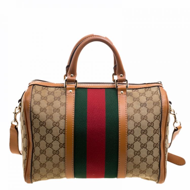 Pre Owned Gucci Beige/Tan GG Canvas Medium Vintage Web Boston Bag