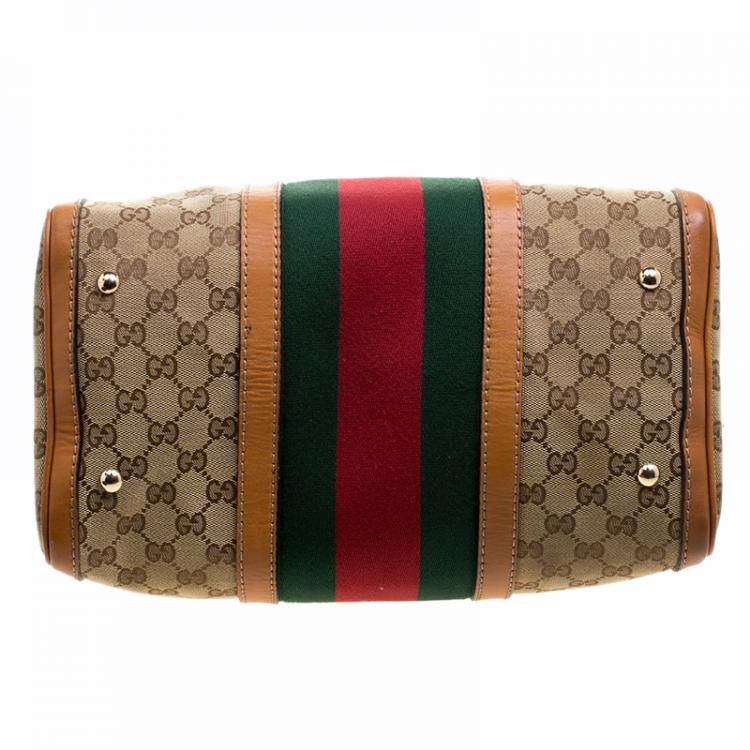 Pre Owned Gucci Beige/Tan GG Canvas Medium Vintage Web Boston Bag