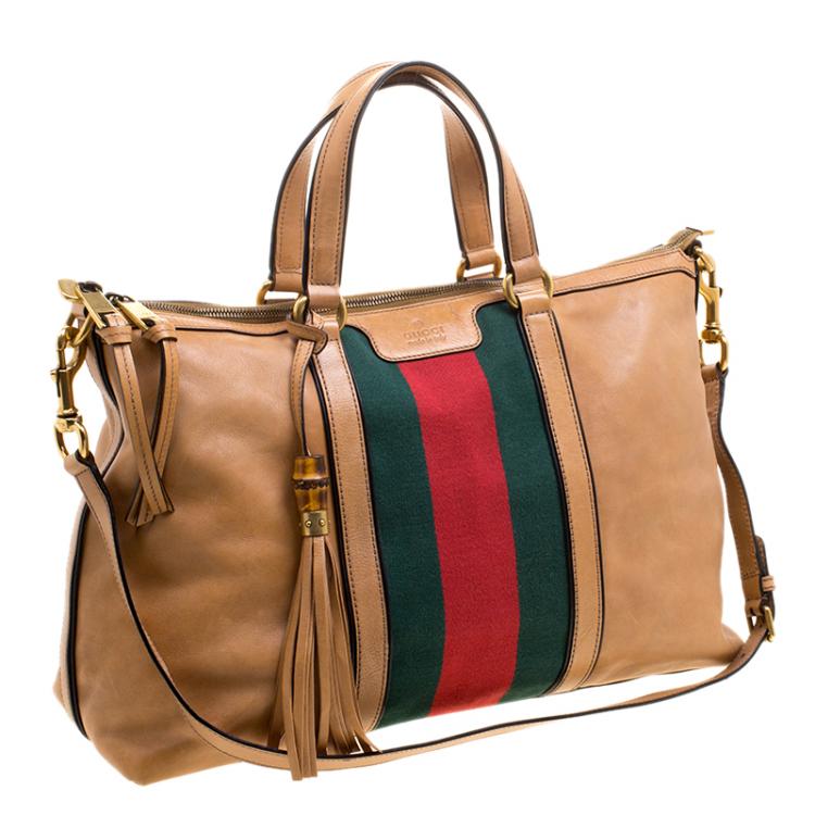 Pre Owned Gucci Light Brown Leather Web Rania Top Handle Bag