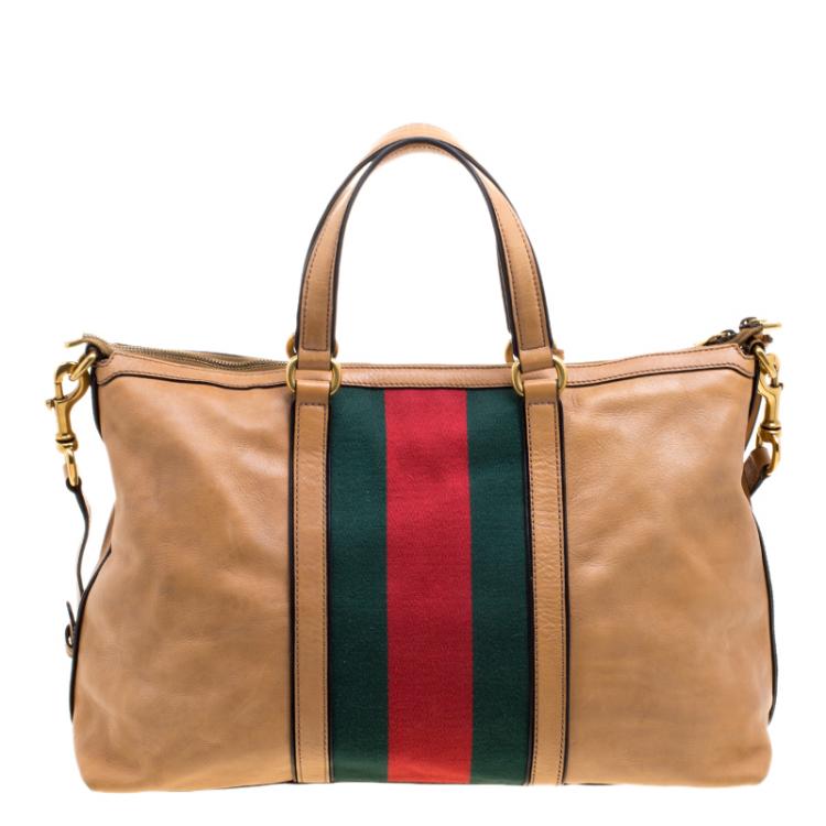 Pre Owned Gucci Light Brown Leather Web Rania Top Handle Bag