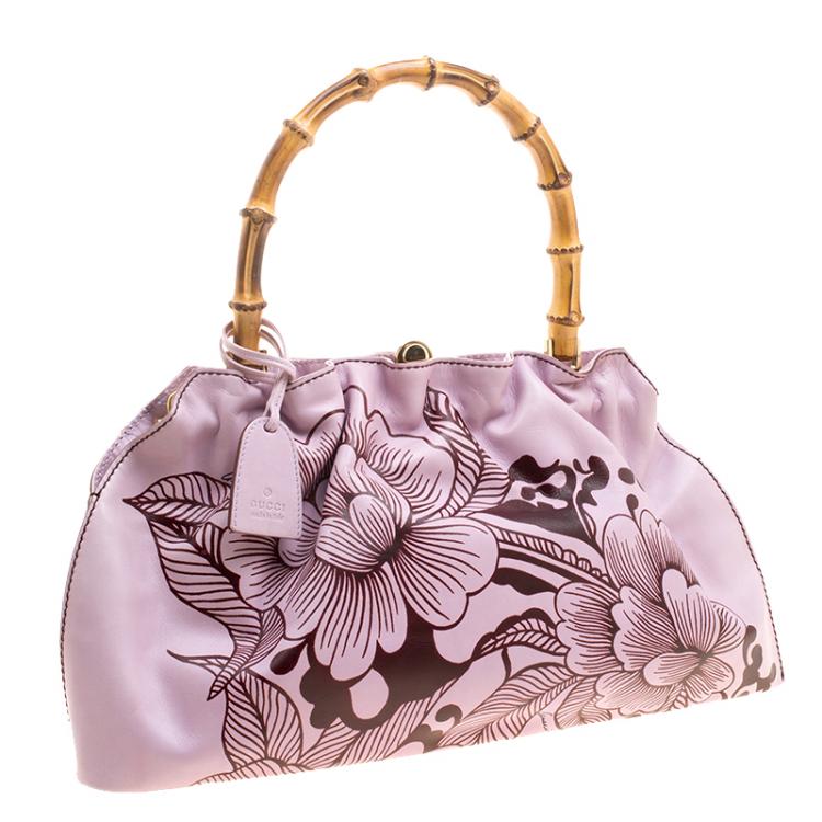 Pre Owned Gucci Lilac Floral Print Leather Limited Edition Bamboo Top Handle Bag