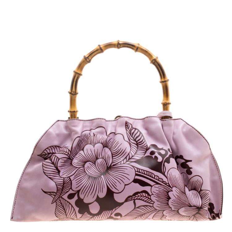 Pre Owned Gucci Lilac Floral Print Leather Limited Edition Bamboo Top Handle Bag