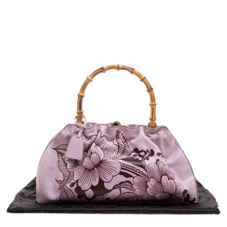 Pre Owned Gucci Lilac Floral Print Leather Limited Edition Bamboo Top Handle Bag