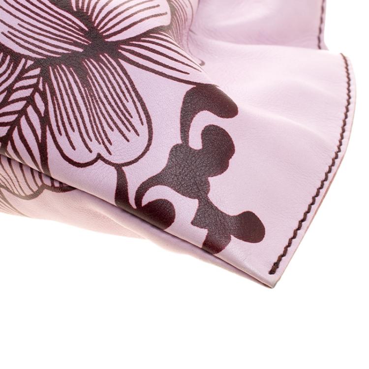 Pre Owned Gucci Lilac Floral Print Leather Limited Edition Bamboo Top Handle Bag