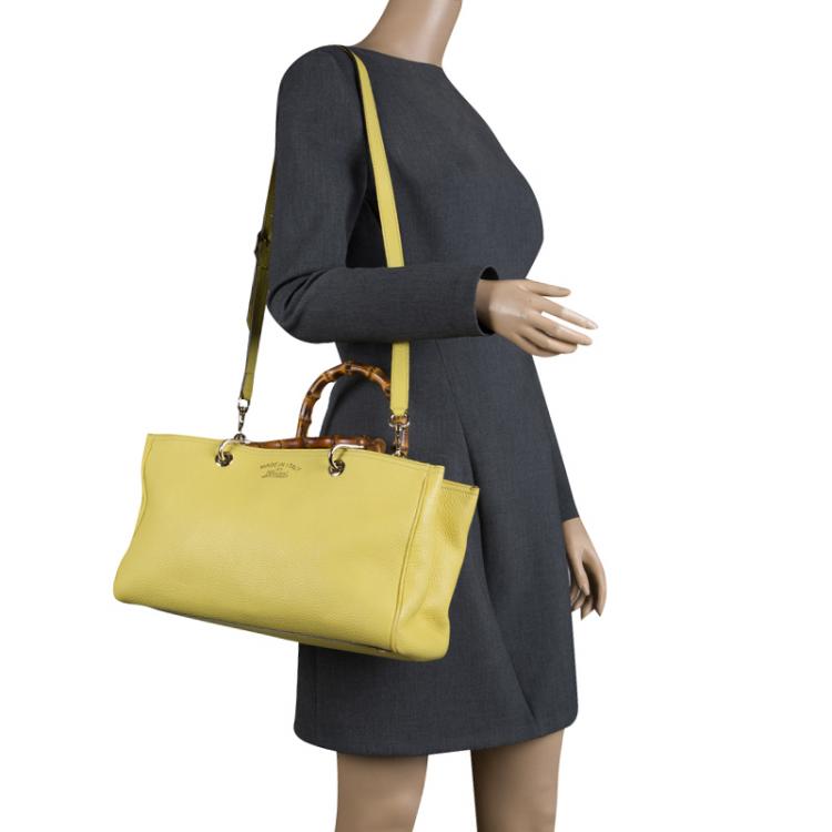 Pre Owned Gucci Yellow Leather Bamboo Top Handle Shopper Tote