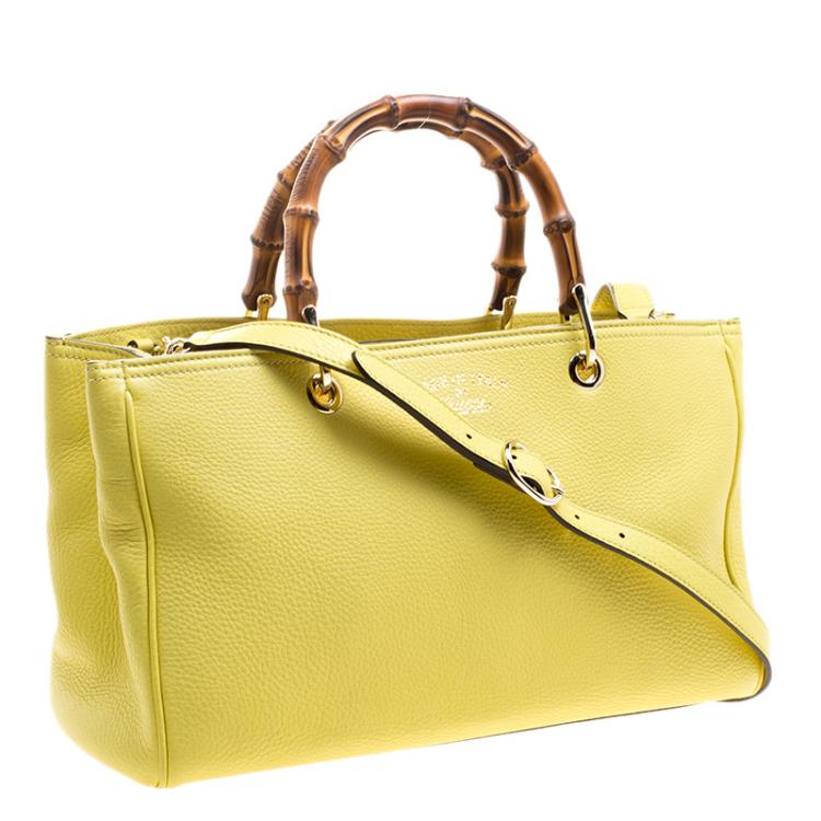 Pre Owned Gucci Yellow Leather Bamboo Top Handle Shopper Tote
